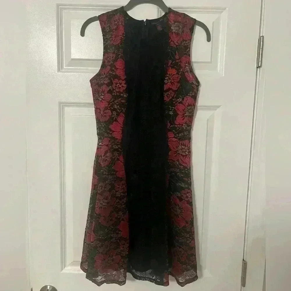 Material Girl | Red and Black Floral Lace Shimmer Fit and Flare Dress | Size M